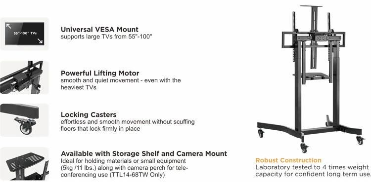 Heavy-Duty Adjustable TV Rolling Floor Stand Motorized Mobile TV Cart with Remote Control