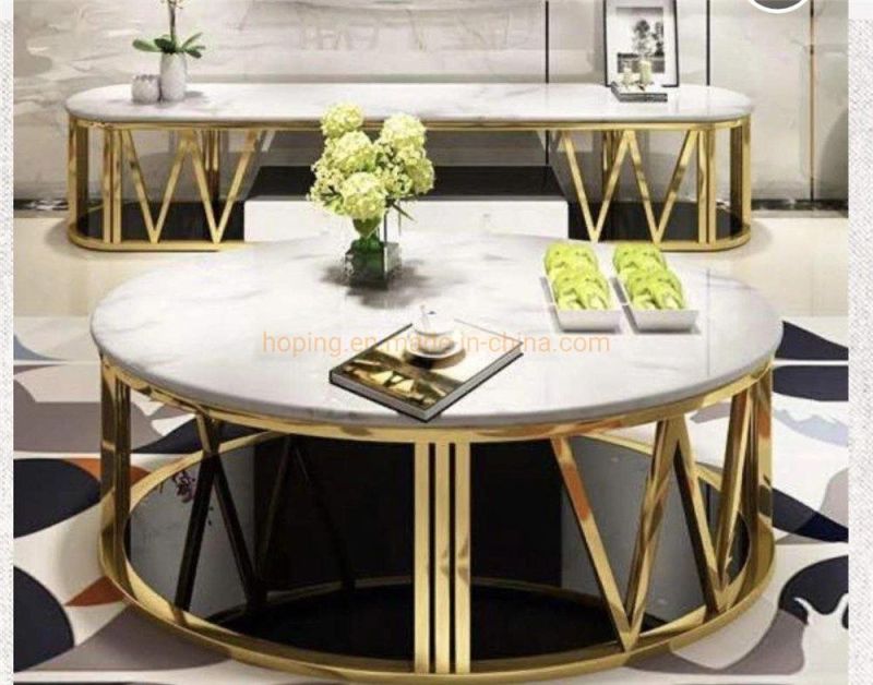 Modern Two Sets Sofa Table High Quality Coffee Round Marble Dining Table with 201 Stainless Steel Legs