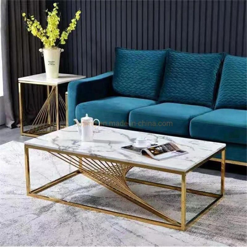 Modern Two Sets Sofa Table High Quality Coffee Round Marble Dining Table with 201 Stainless Steel Legs