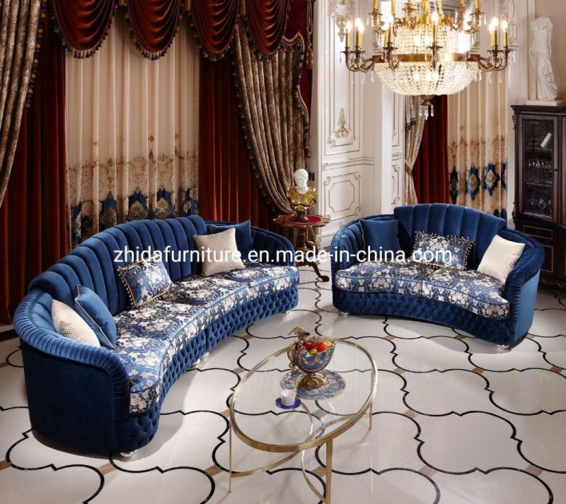 Luxury Big Size Living Room Furniture Navy Blue Velvet Villa Sofa