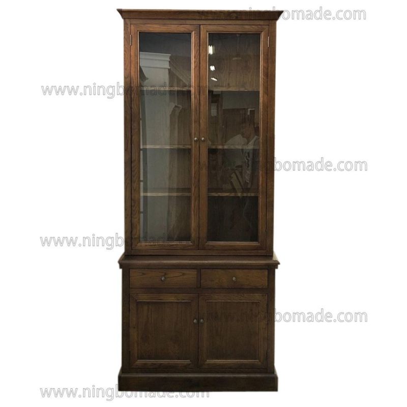 French Classic Provincial Vintage Furniture Coffee Brown Oak Two Glass Doors Hutch and Base Cabinet