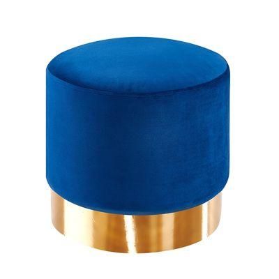 Modern Wholesale Velvet Ottoman Footstool for Living Room, Big Stool Footrest, Fabric Round Ottoman Pouf with Gold Ring