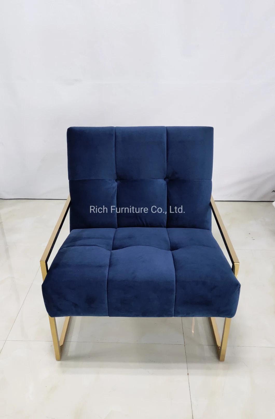 Living Room Modern Gold Metal Frame Navy Blue Velvet Fabric Accent Chair Armchair for Hotel Event Salon Usage