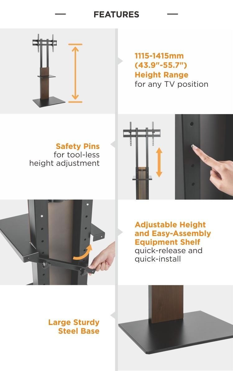 Modern Slim TV Floor Stand with Equipment Shelf