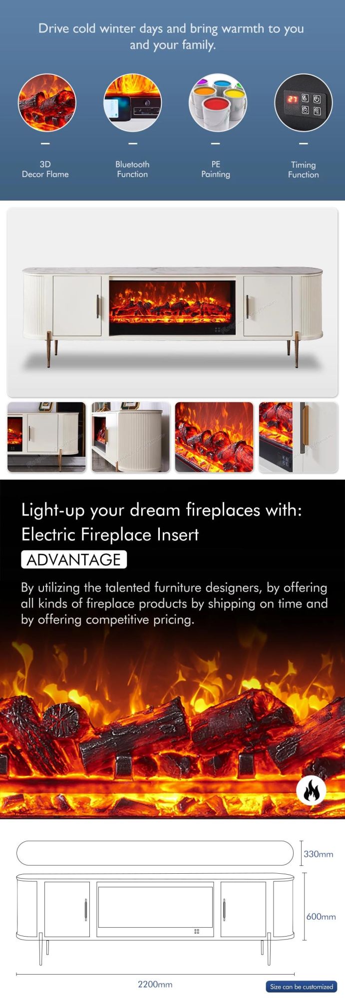 White Simple Design storage Cabinet TV Stand with Electric Fireplace Insert for Living Room Decoration