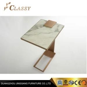 European Style Modern Marble Top Side Table Restaurant Table with Golden Metal Base