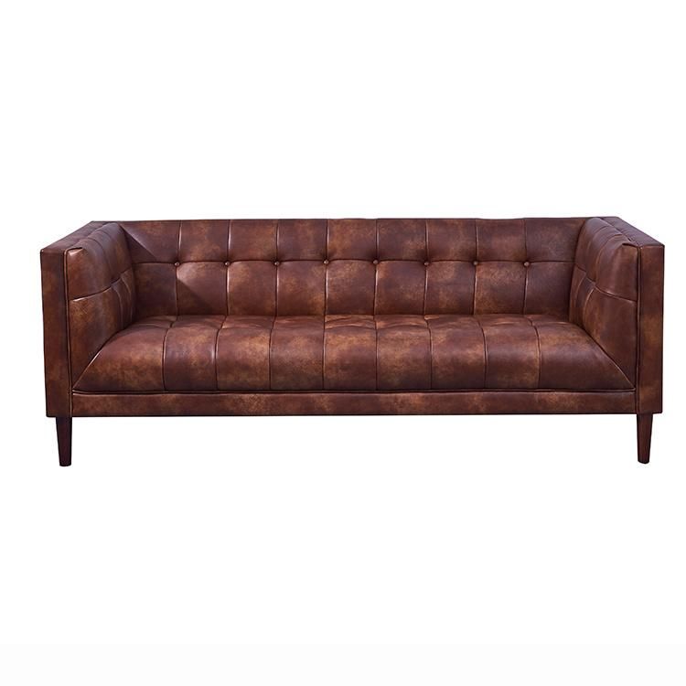 Modern European Furniture 3 Seater Sleeping Couch Brown Leather Living Room Wooden Sofa