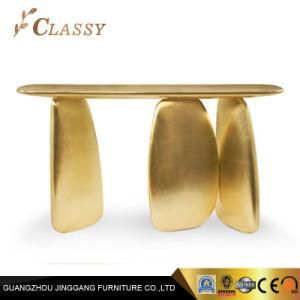 Luxury Shiny Hotel Golden Metal Frame Stone Leaf Shaped Console Side Table