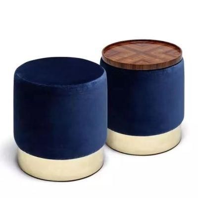 Custom Living Room Furniture Round Pouf Modern Velvet Fabric Stool Ottoman with Metal Legs