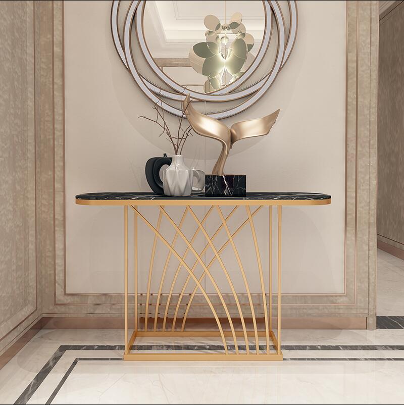 Yuhai Factory Price Newest Luxury Design European French Gold Metal Frame Marble Rock Beam Top Console Table