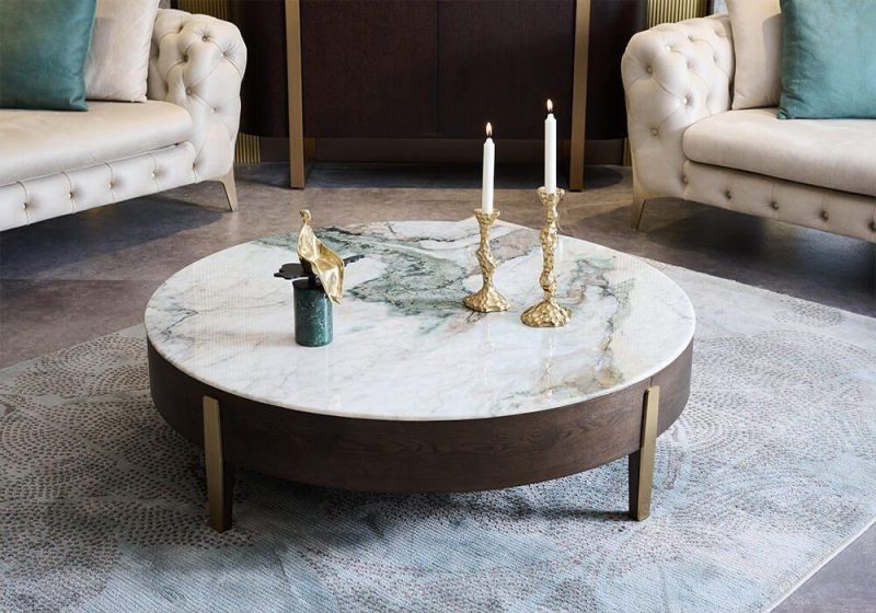 Luxury Modern Furniture Living Room Metal Marble Top Wooden Base Side Coffee Table