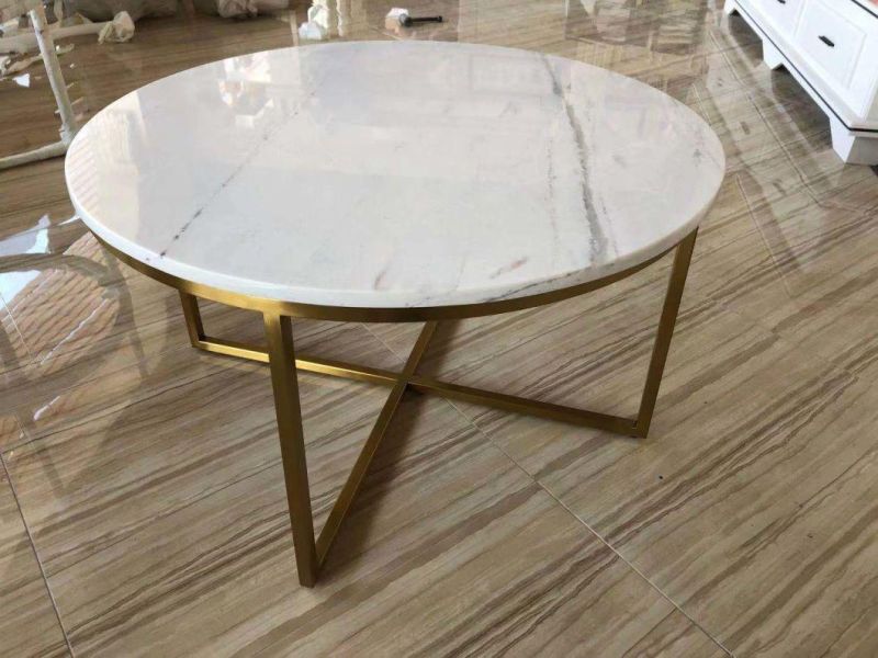 Living Room Furniture Round Marble Top Metal X-Base Coffee Table