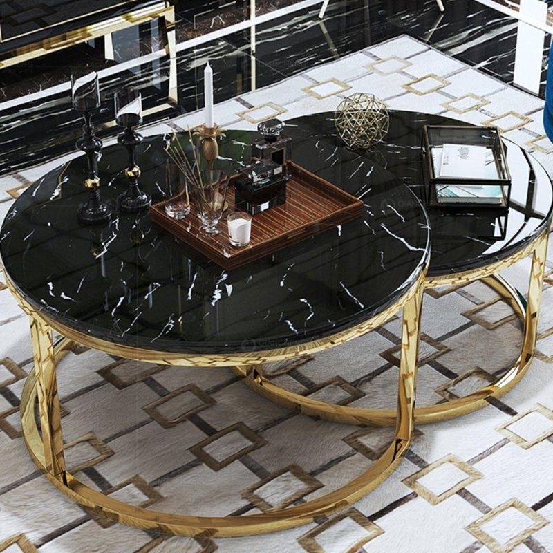 2 Pieces Separated Gold Stainless Steel Base Marble Coffee Table