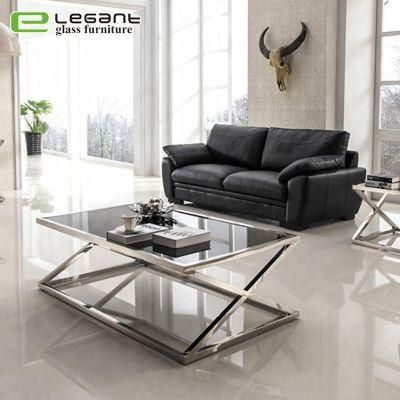 Black Painted Tempered Glass Coffee Table with Cross Leg