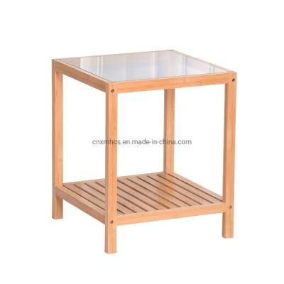 Square Glass Side Table Bamboo End Tables with Storage Shelf Snack Coffee Table/ Living Room/Office/Bed Room