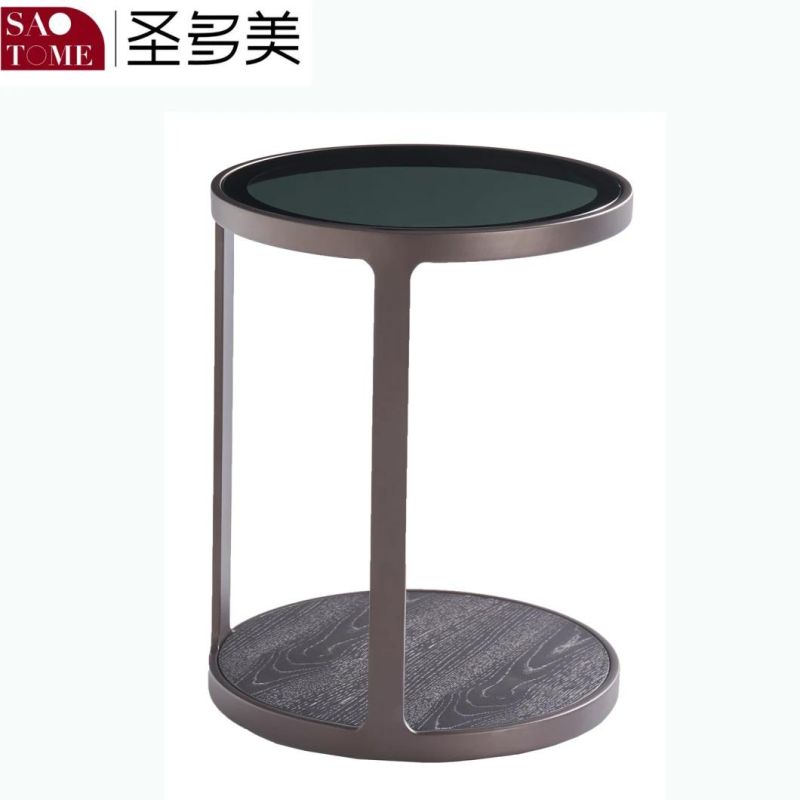 Small Round Table with Gray Glass Surface on Wooden Base