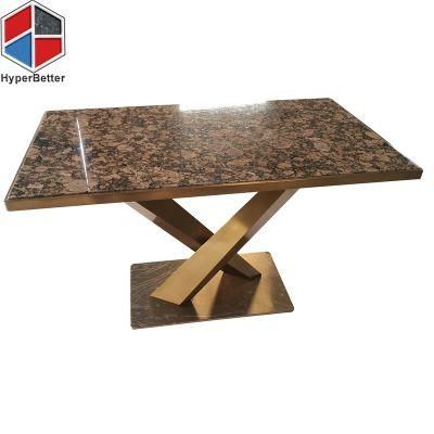 Wholesale Baltic Brown Restaurant Granite Table Top Golden Stainless Steel Edge X Shape Metal Base