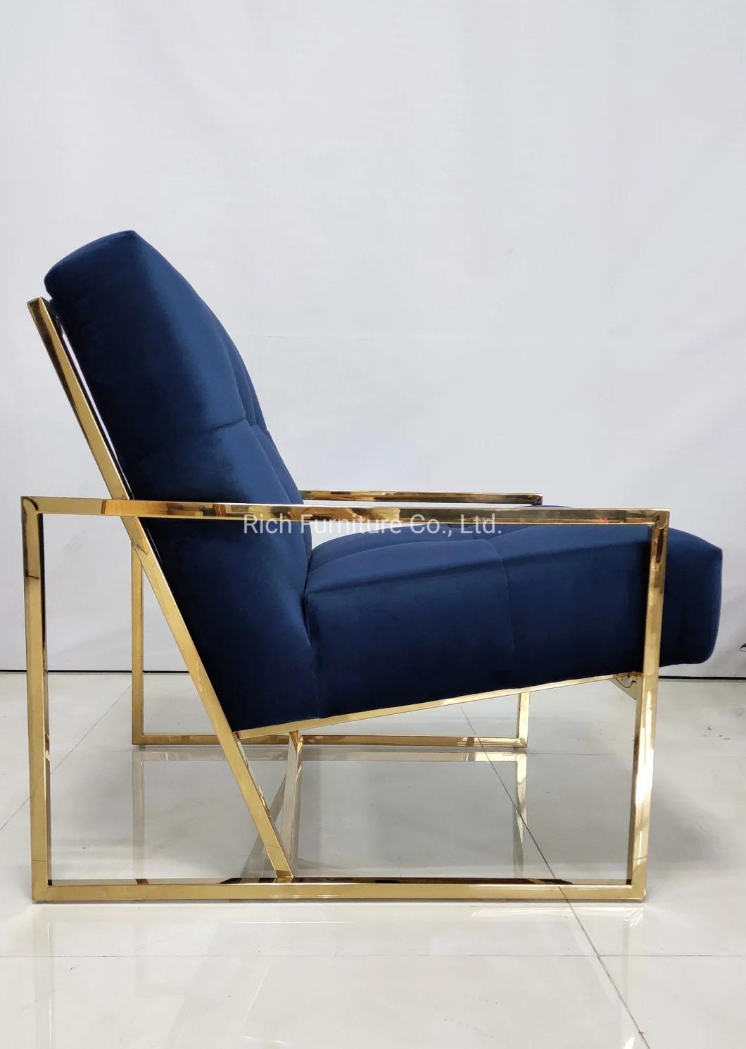 Living Room Modern Gold Metal Frame Navy Blue Velvet Fabric Accent Chair Armchair for Hotel Event Salon Usage