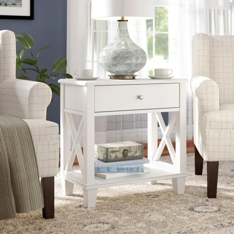 Home Furniture Set White X Frame 1 Drawer Side End Tables with Storage Shelf