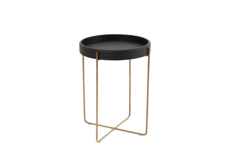 Contemporary Simple Style Home Furniture Movable Gold Color X-Stainless Steel Base Wooden Tray Top Side Table