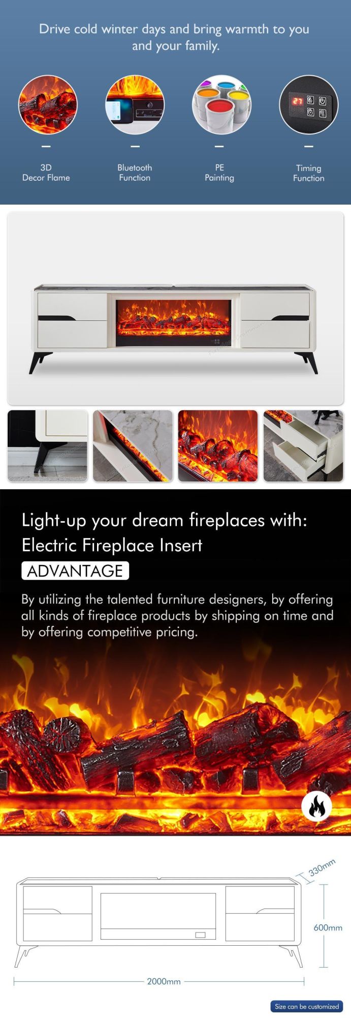 Hot Sale Modern Bio Ethanol Electric Fireplace Mantel Shelf TV Stand for Living Room Heater