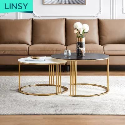 Linsy Luxury Designer Round Black Gold Steel Marble Coffee Table Dz3l