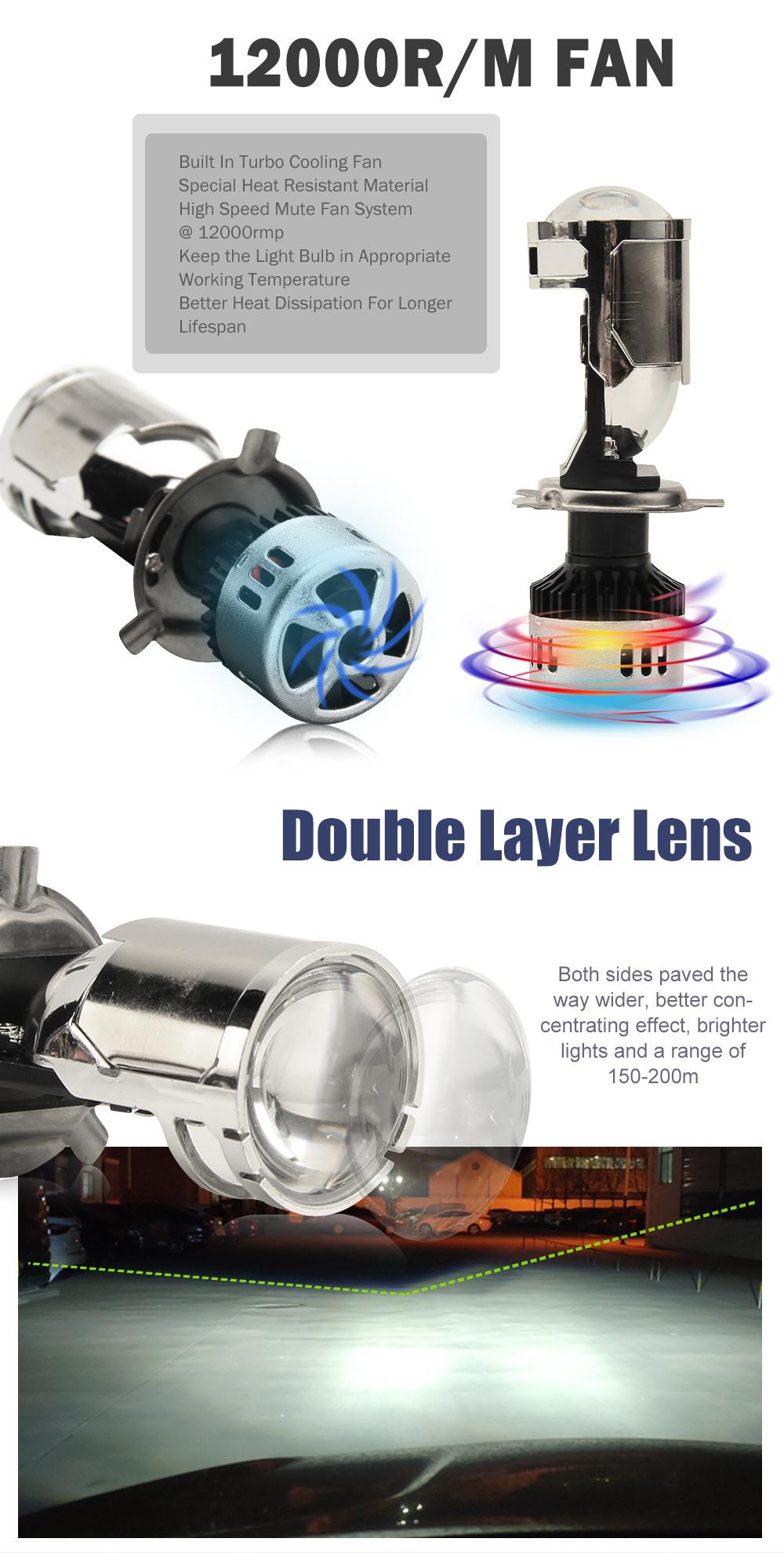 Proyector H4 Car LED Headlight, Super Bright Perfect Cutline LED Y8 Cooling Fan Mini 16000lm LED H4 Car Projector LED Headlight Bulb H4