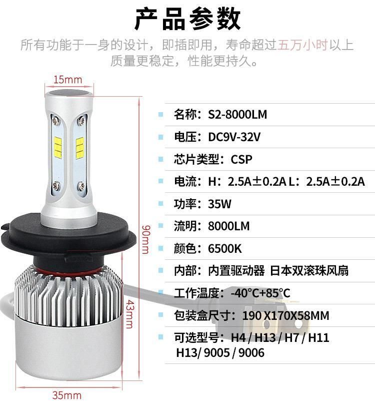 S2 Car LED Headlights H1 H3 H7 H8 H9 H10 H11 880 9004 9006 H13 H4 36W 8000lm Csp Car LED Headlight Bulbs