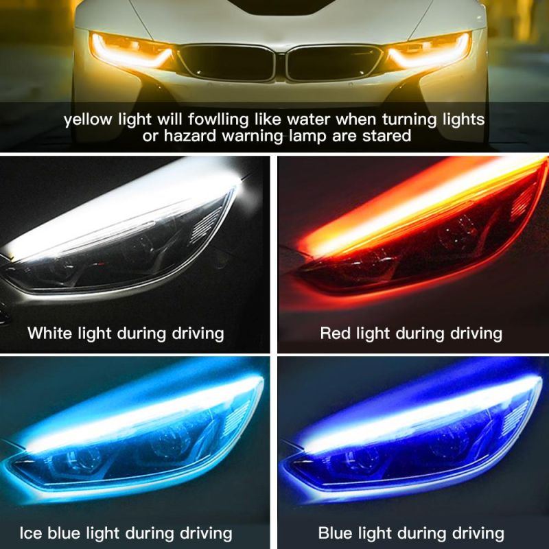 2X Ultrafine DRL 30 45 60cm Daytime Running Light Flexible Soft Tube Guide Car LED Strip White Red Turn Signal Yellow Waterproof