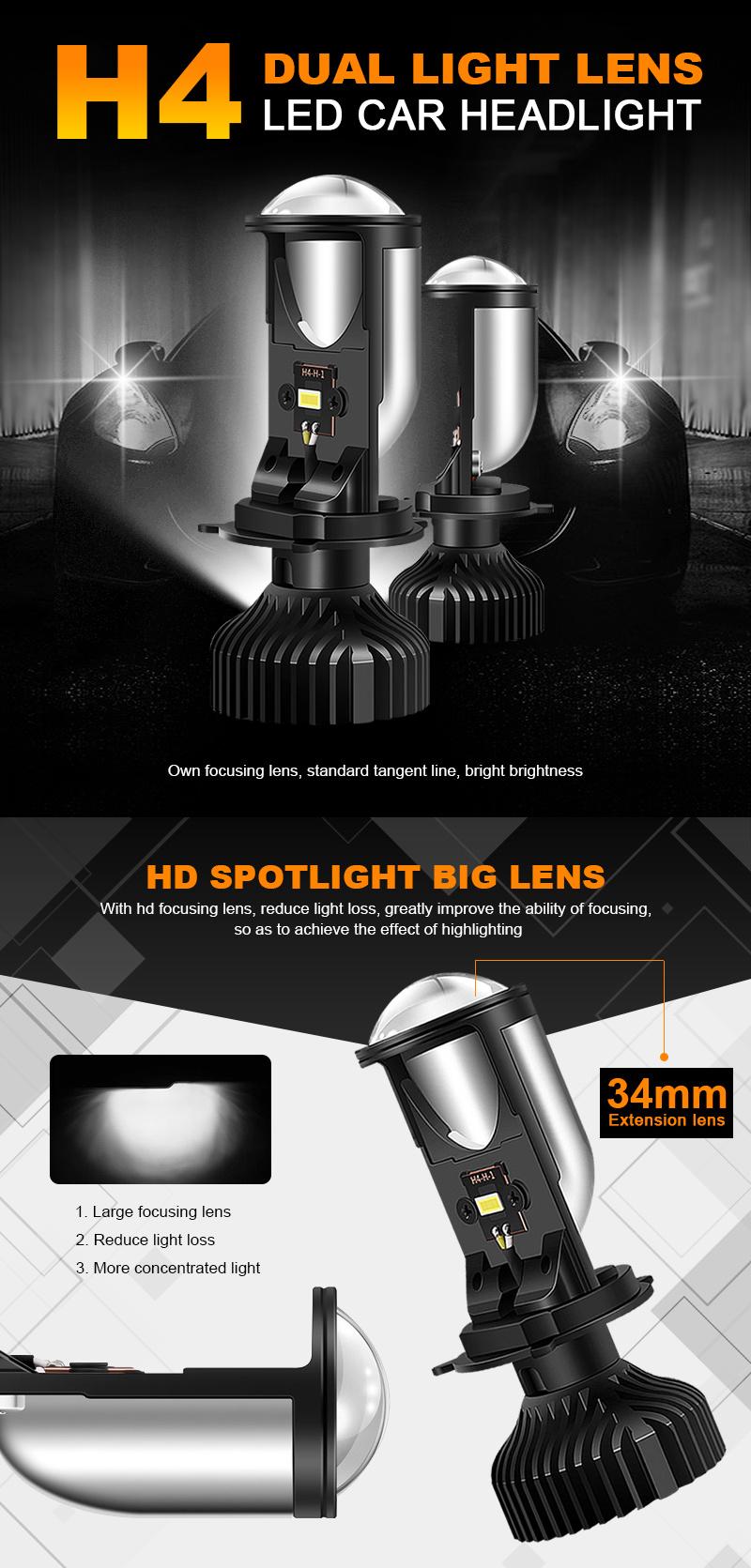 Y6 Canbus H4 Hi/Lo Beam LED Mini Projector Lens Car Headlight Bulbs Automobile Lamp 6000K Focused Light