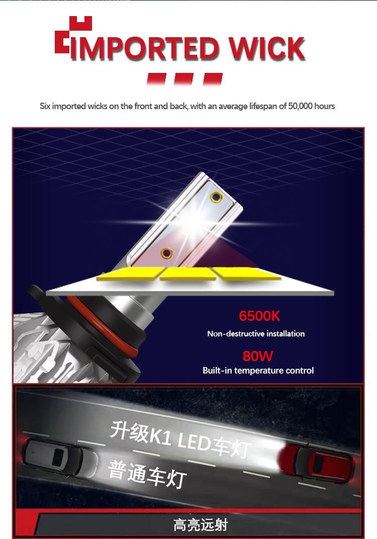 K1 LED Car Light Fanless 10000lm 6000K H4 H13 9005 LED Headlight