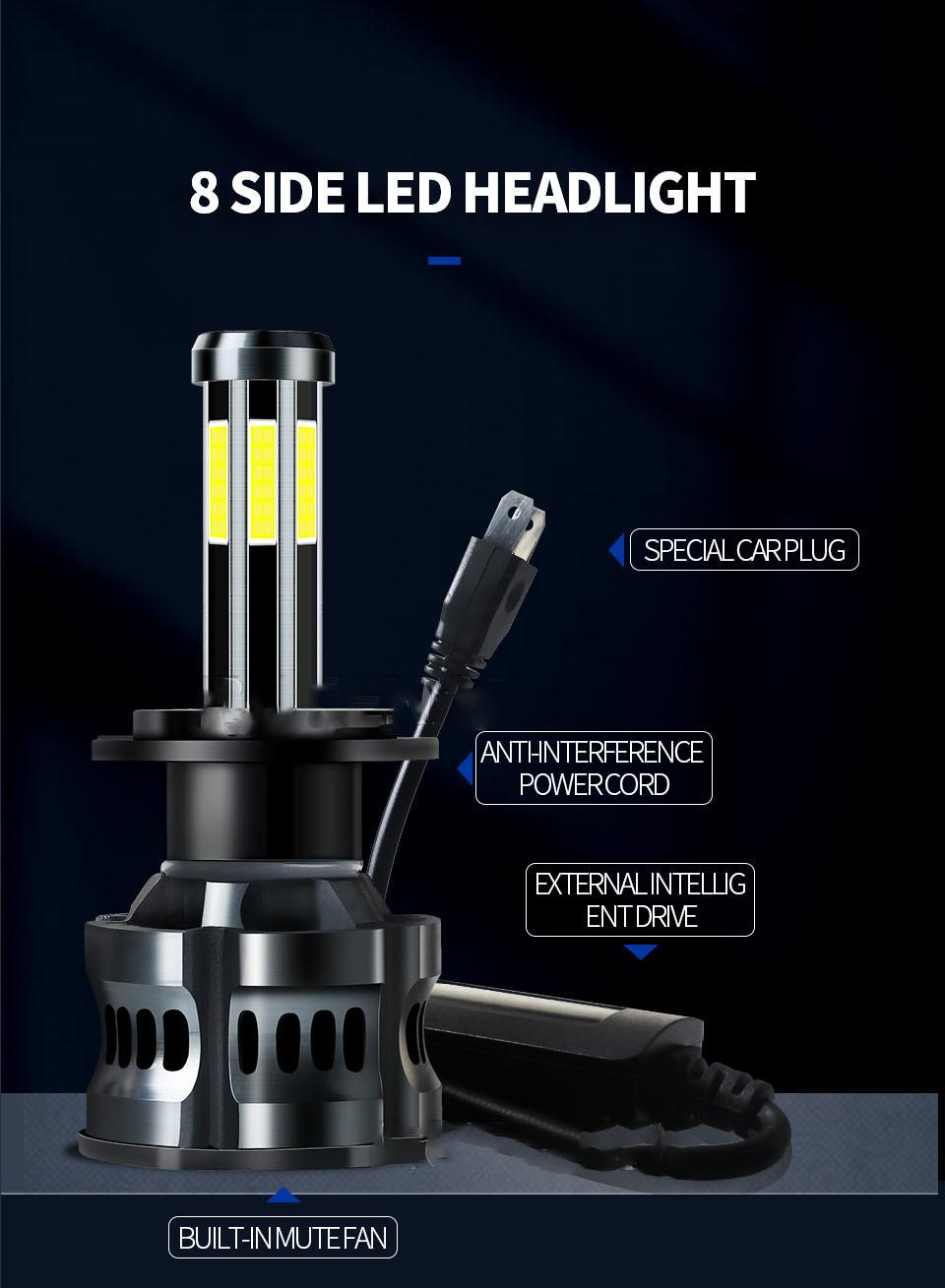 Hot Selling LED Headlight Auto Lights H3 H4 H11 9006 8 Sides Csp 150W 16000lm 6000/6500K Car Headlight Bulbs Headlight Lamp