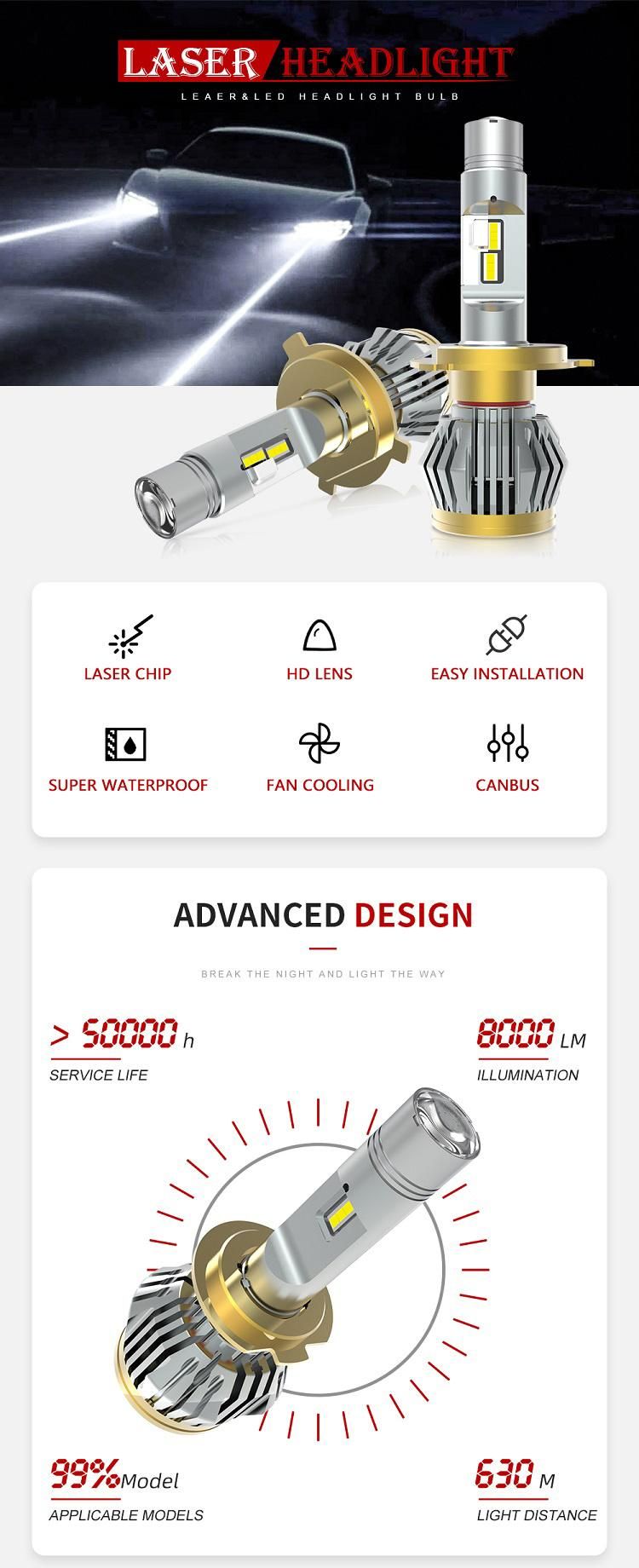 New Arrived Lux @630m H4 H7 H11 9005 9006 Laser LED Headlight for Auto Cars