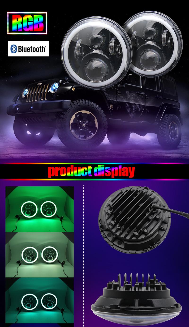 Bluetooth Control RGB Color Angle Eyes 75W Jeep Wrangler 7 Inch LED Headlight