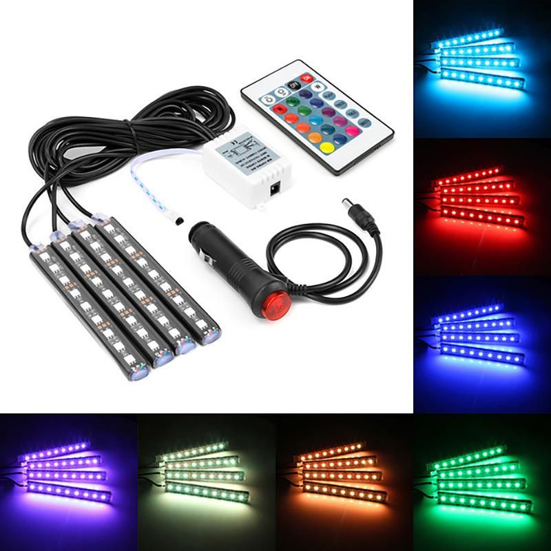 4PCS Car RGB LED Strip Light Car Auto Decorative Flexible Colored LED Strip Atmosphere Lamp Kit Fog Lamp with Remote