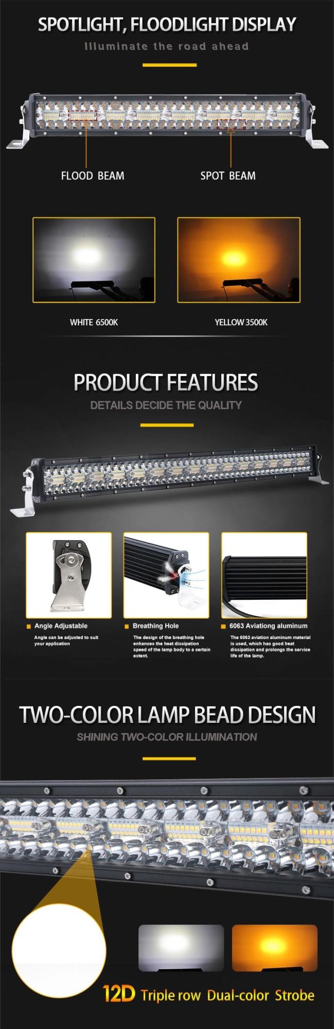 Offroad 3 Row Dual Color Strobe Amber Yellow White Flashing 12V 42inch 54 22 32 Inch LED Light Bar Truck