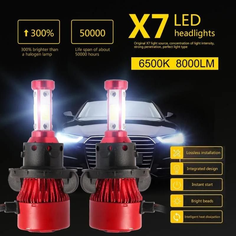 Wholesale X7 4 Side COB 100W 10000lm Car LED Headlight Bulbs H4 H11 H13 9005 9006 Chips Auto LED Bulb 12V 6500K Headlamp Red Auto Lights