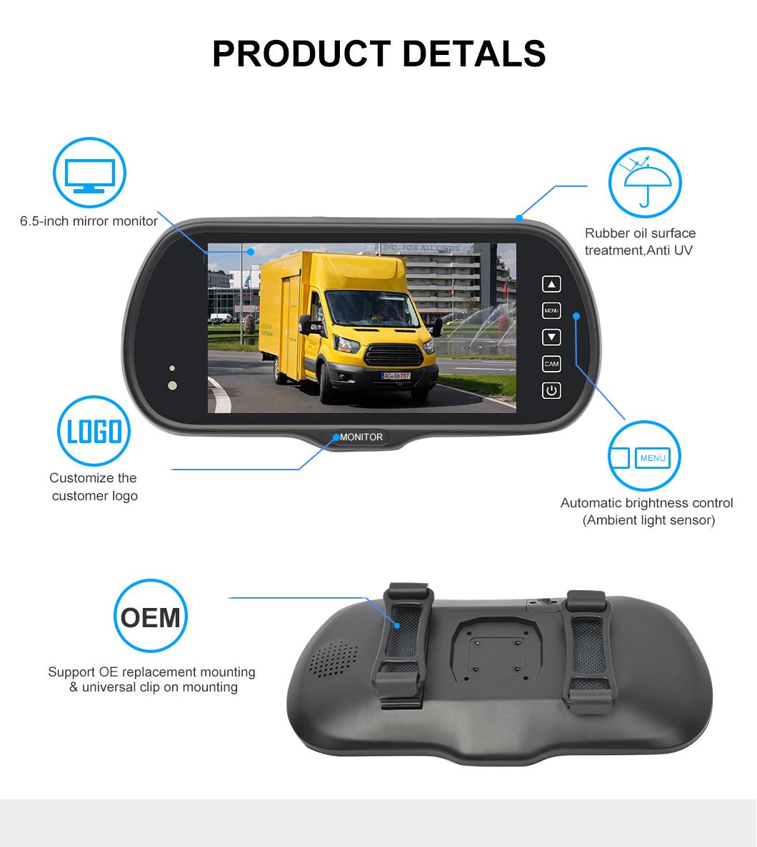 720p HD 6.5 Inch Rear View Mirror Monitor Car Truck Van Side Backup Camera System