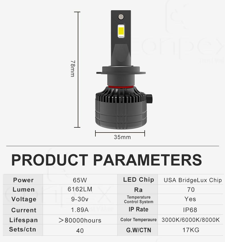 Conpex Auto LED Lighting System LED Headlight 6162lm 65W Csp H1 H3 H13 H16 880 9005 9012 Car LED Head Lights