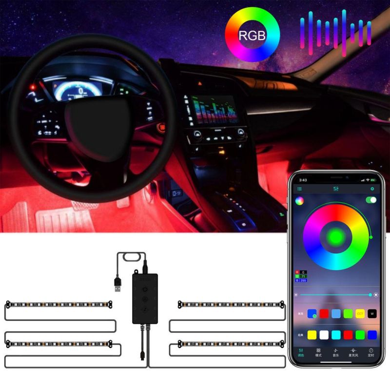 4PCS Waterproof Auto Atmosphere RGB Bluetooth Control Car Interior LED Strip Light