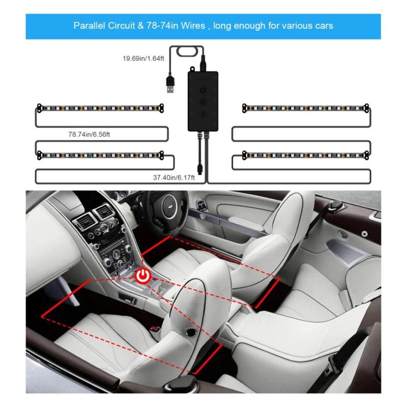 4PCS 48LED RGB in-Car Interior Atmosphere Light Strip Bar Bluetooth APP Music Control for Christmas Decoration Light