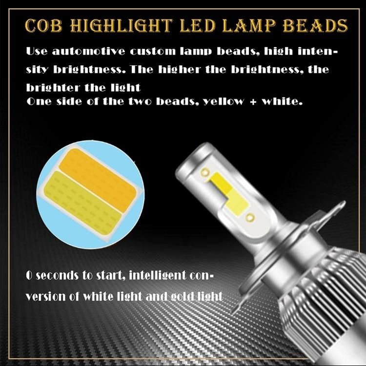 C6 COB 6000K H1 H7 H11 H3 H4 Double Color LED Headlight Yellow and White Double Light Auto Car Headlight Bulbs