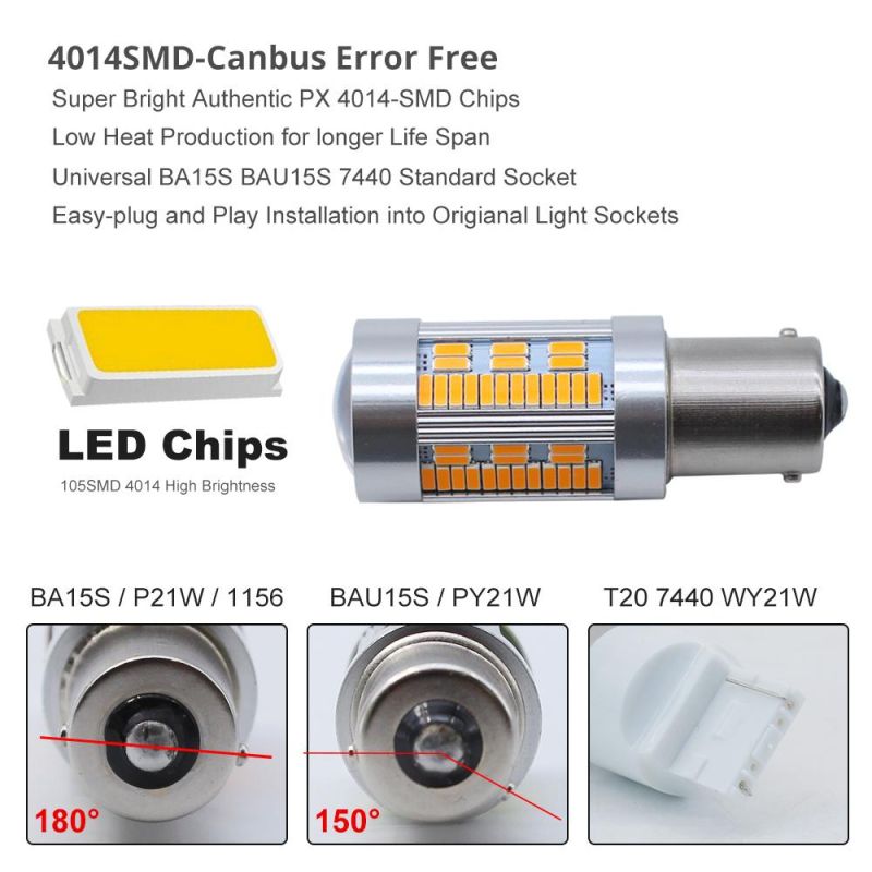 So. K T20 7440 W21W LED Bulbs 4014 105SMD LED Canbus No Error 1156 Ba15s P21W Bau15s Py21W LED Lamp for Turn Signal Light