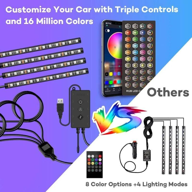 4PCS 48LED 5050 RGB Car Interior Atmosphere Strips Light USB Bluetooth APP IR Remote Decoration Light