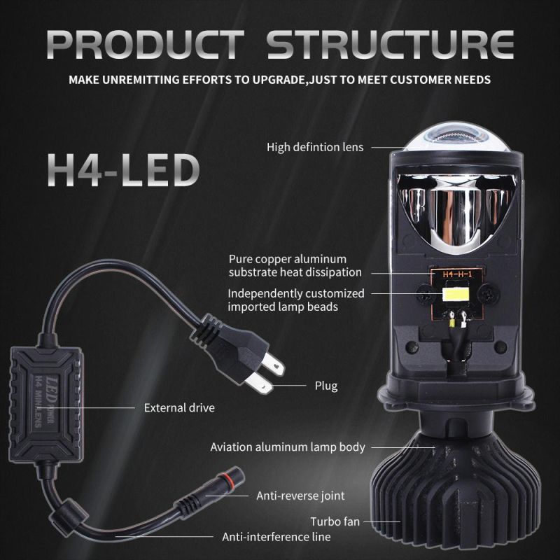 6000lm 6500K Fanless H4 LED Headlight Projector for Car LED Light H11 H7 Lens