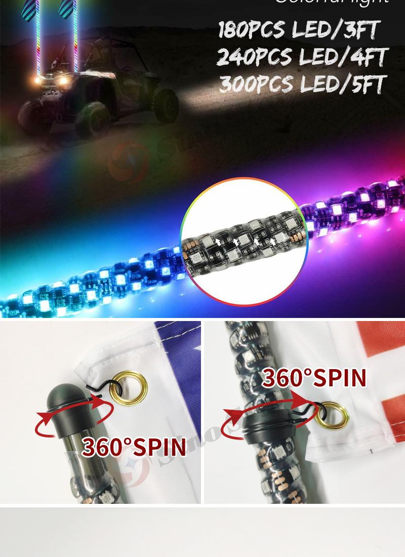 Swl2-4FT 2PCS Remote Control 360 Lighting Colourful RGB 4FT/1.2m Flexible LED Antenna Lighted Whip Flag for ATV UTV