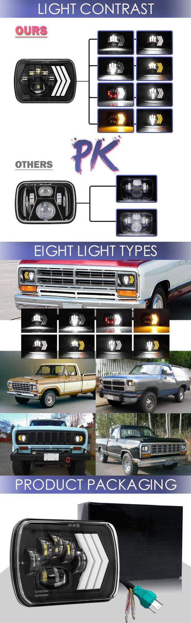 High Quality Powerful Rectangle Angel Eyes High Low Beam 12V 24 Volt LED DRL H6014 H6052 H6054 6054 H5054 6X7 5X7 Square Offroad LED Headlight