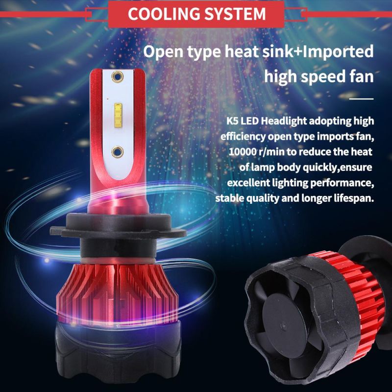 Super Bright Double Ball Bearing Fan LED Headlight Bulb K5 LED Headlight Csp Chip