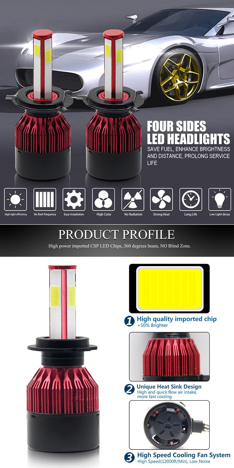 Factory Price Universal Car High Low Beam C6-4side Four Sides Auto H4 LED Light Headlight