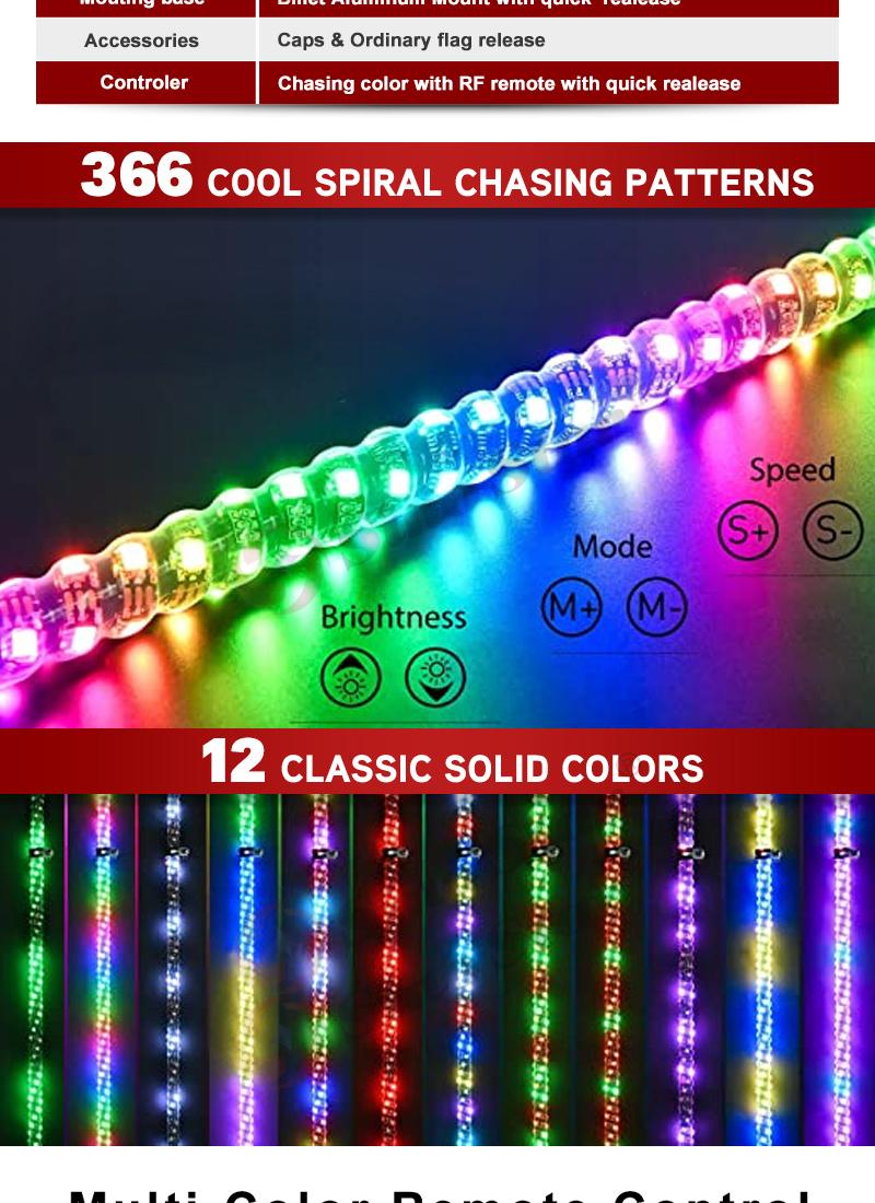 Swl2-4FT 2PCS Remote Control 360 Lighting Colourful RGB 4FT/1.2m Flexible LED Antenna Lighted Whip Flag for ATV UTV